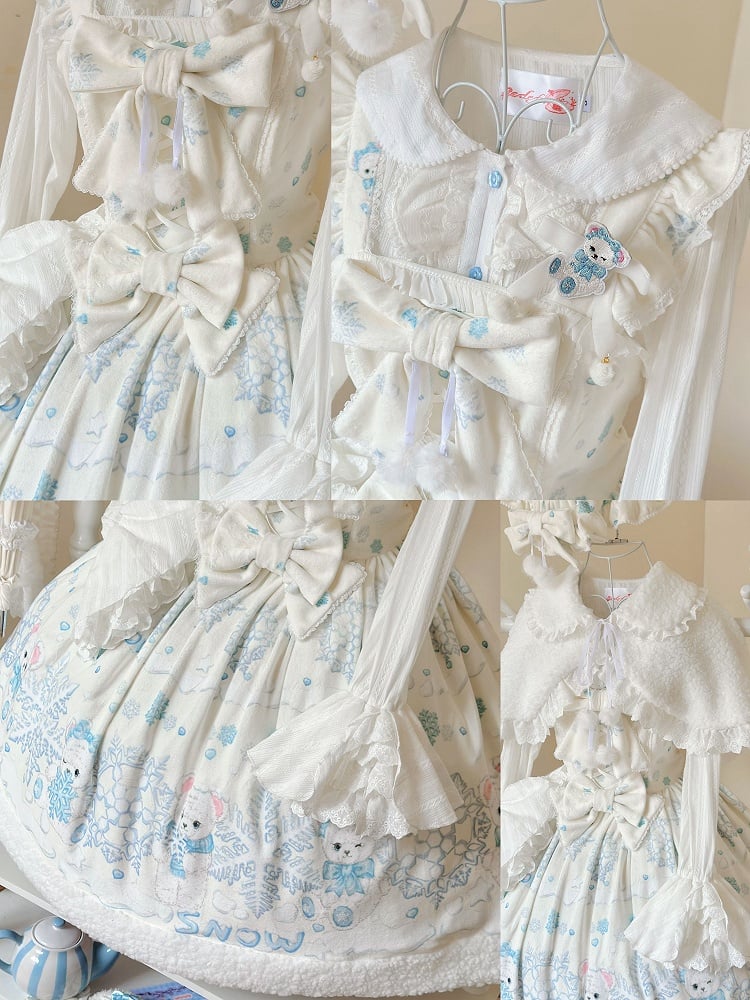 Sweet Winter Lolita Snowy Teddy Print Off-white Dress JSK Full Set