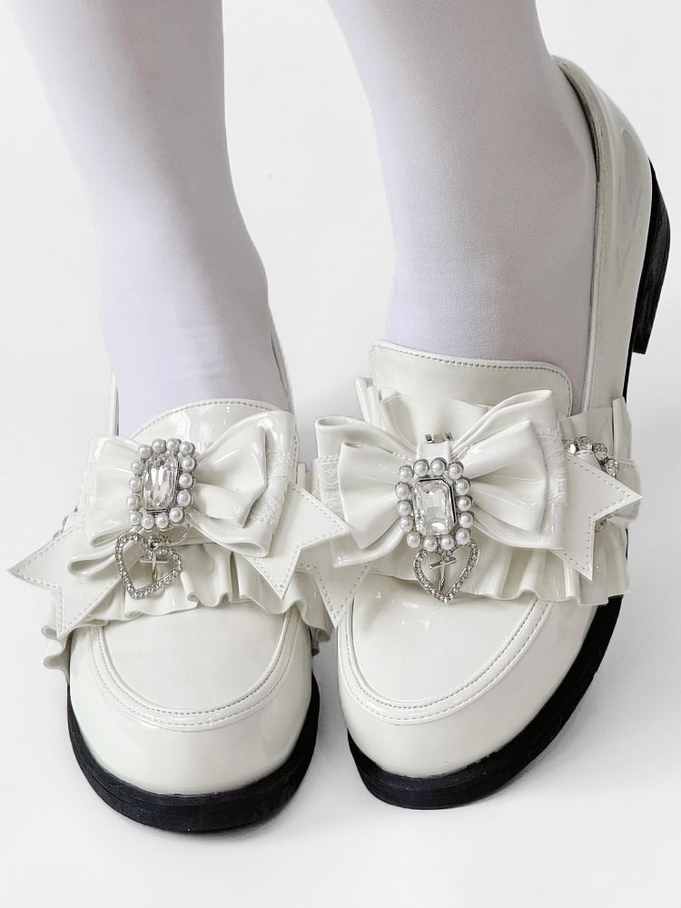 Leather Heels Rhinestone Bead PU Kei with Low Bow Jirai Polished White
