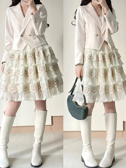 Skirt Flower Elegant Embroidery with Green Pink Details Tencel Lolita Multi-Layered