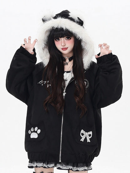 Pocket Kitty Hood Bittersweet Paw Bow Hooded - Ear Embroidery Fleece with Jacket Black/Pink