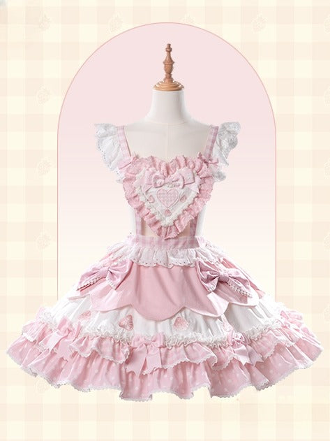 Pink with Bows Applique Print Strawberry Overall Sweet Lolita Dress and Sweetheart