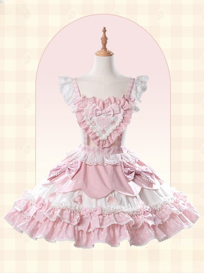 Pink with Bows Applique Print Strawberry Overall Sweet Lolita Dress and Sweetheart