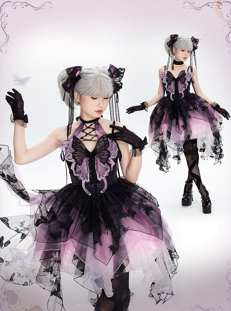 Purple Black Tulle with Hem Gothic Applique Dress Multi-Layer Halter Lolita Asymmetric Butterfly Lace-Up