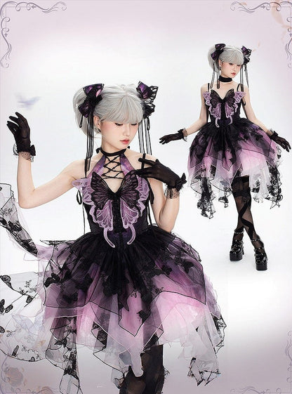 Purple Black Tulle with Hem Gothic Applique Dress Multi-Layer Halter Lolita Asymmetric Butterfly Lace-Up