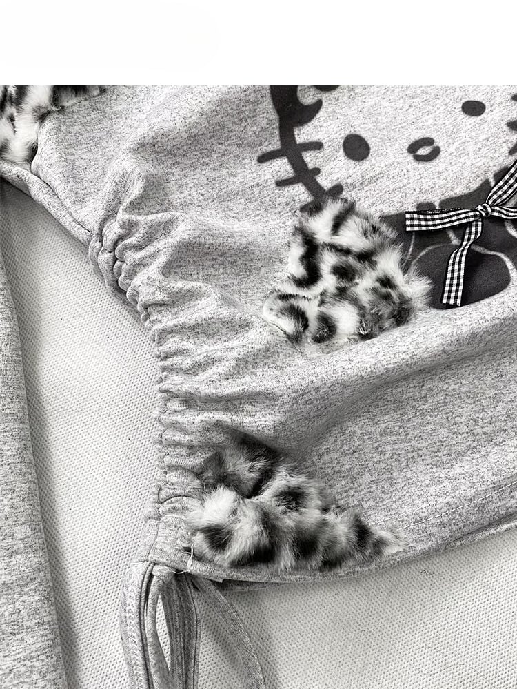 Cartoon Print Square Neckline Grey Top with Leopard Trim