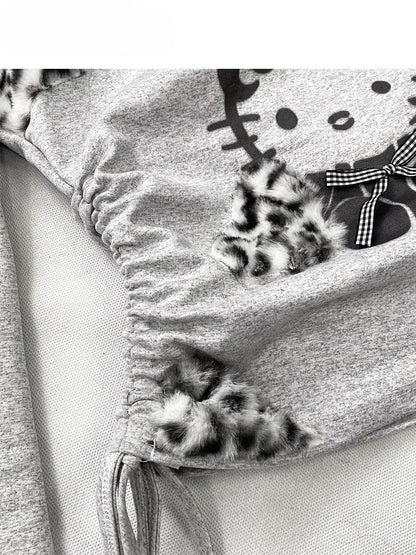 Cartoon Print Square Neckline Grey Top with Leopard Trim