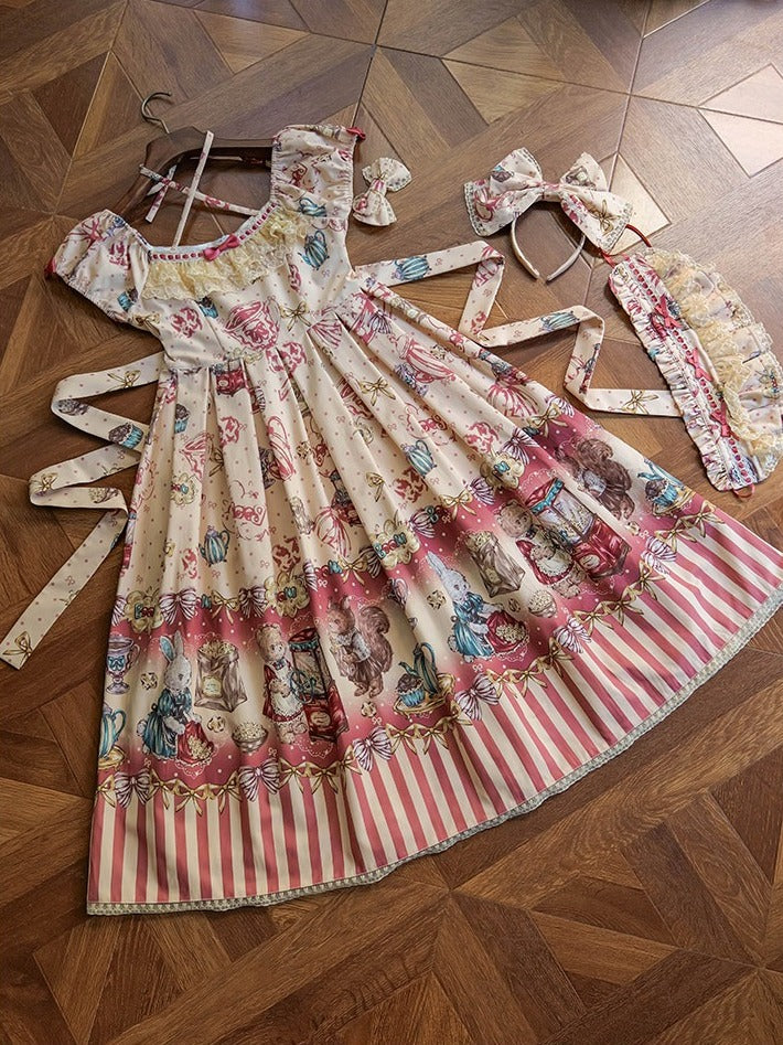 Beige Short Sleeve Halter Lolita OP Dress with Popcorn Bear Theme & High Waist, Long/Short Version - Sweet Dream