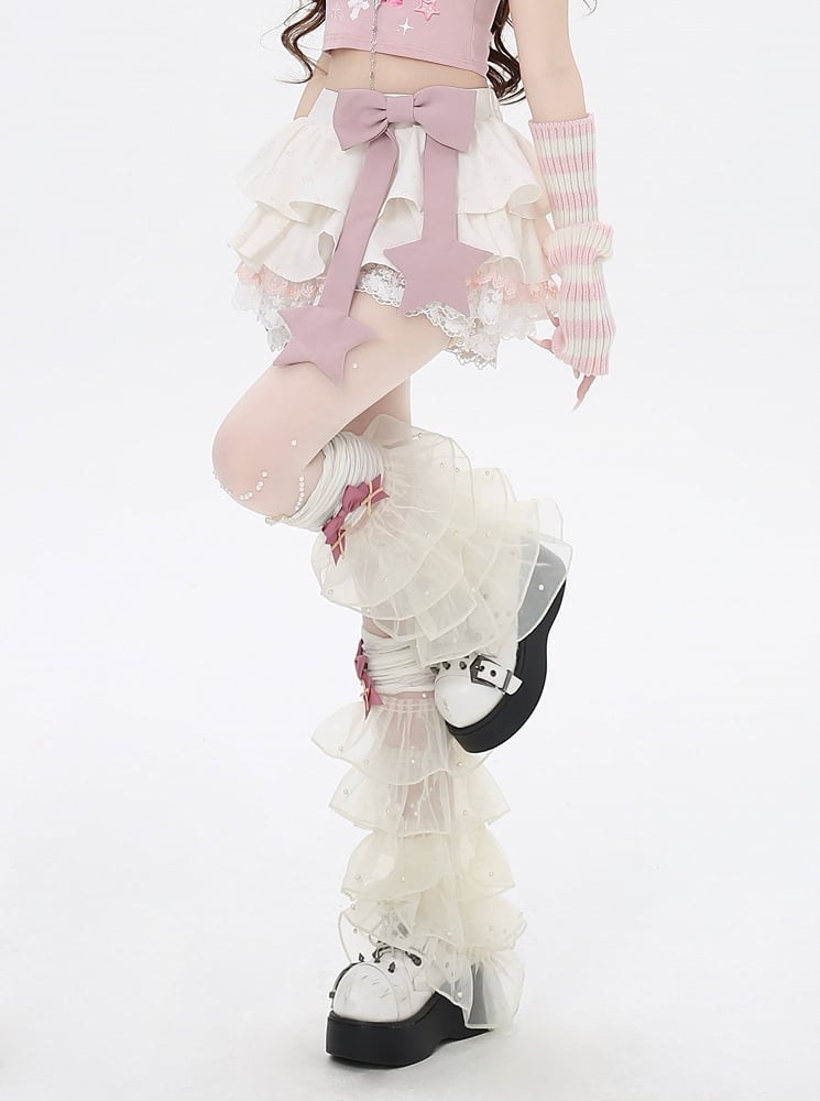 トリムボウ裏地ティアードスカートアプリコットレースピンク総柄ボウノットプリントビッグ