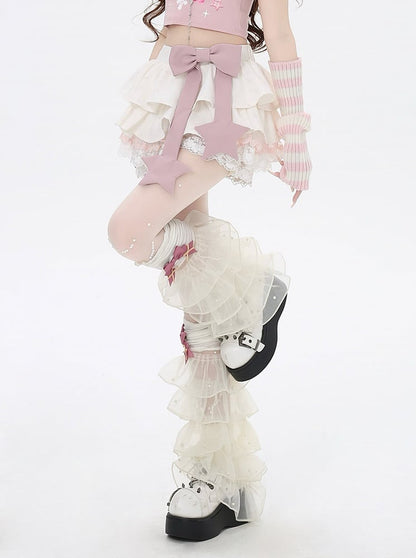 トリムボウ裏地ティアードスカートアプリコットレースピンク総柄ボウノットプリントビッグ