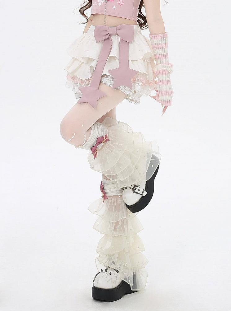 アプリコットトリムレース総柄ボウノットプリント裏地ティアードスカート ピンクビッグリボン