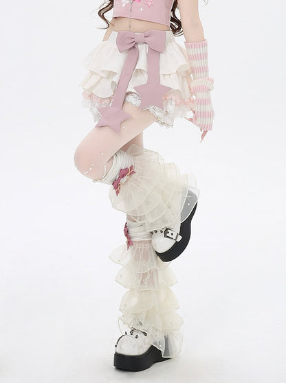 アプリコットトリムレース総柄ボウノットプリント裏地ティアードスカート ピンクビッグリボン