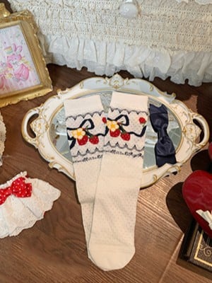 Socks Floral Blue Calf Bow Strawberry Pink/Red/Dark Pattern