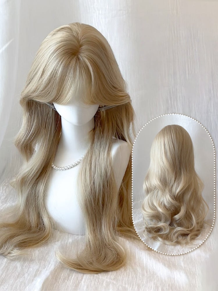 Wig Curtain Platinum with Bangs Long 65CM Wavy Blonde