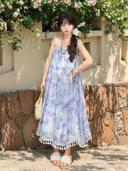 Shell Charm Neckline Dye Tassel Hem Tie Dress Loose Slip Blue Chiffon