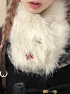 Rhinestone Accent Reversible with Faux White Double Fur Metal Red Cross Scarf