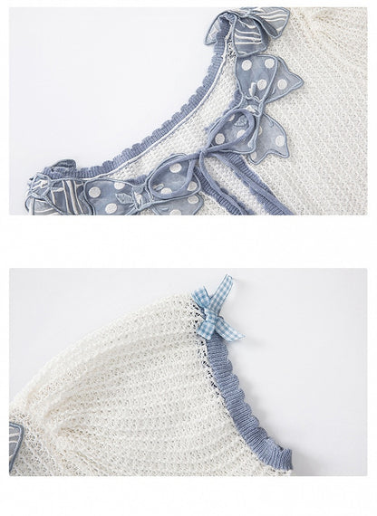 Blue Bowknot Applique Neckline Short Sleeves Top