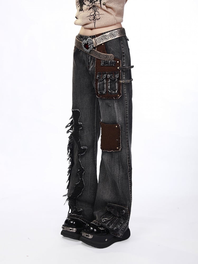 Gray Flared Wide-Leg Jeans with Distressed  Raw Hem Details