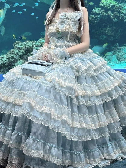 Goldfischblaues, verstellbares, süßes Lolita-Kleid mit Rüschen und Stickereien, Trägern und mehrlagigem
