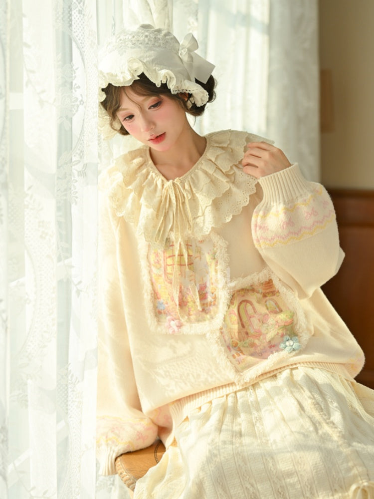 Yellow Oil Painting Teddy Bear Applique  Sweater