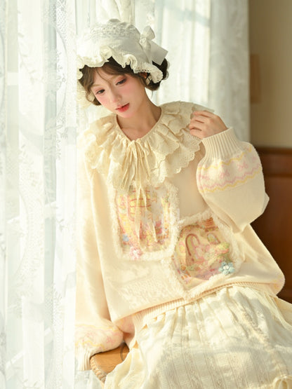 Yellow Oil Painting Teddy Bear Applique  Sweater