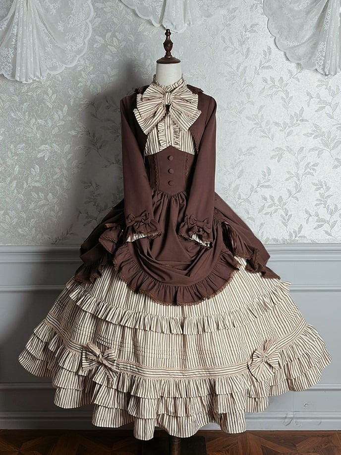 Elegant Bolero Classic Hat + Brown Badge Set Top Lolita Blouse Boned Striped Skirt Full