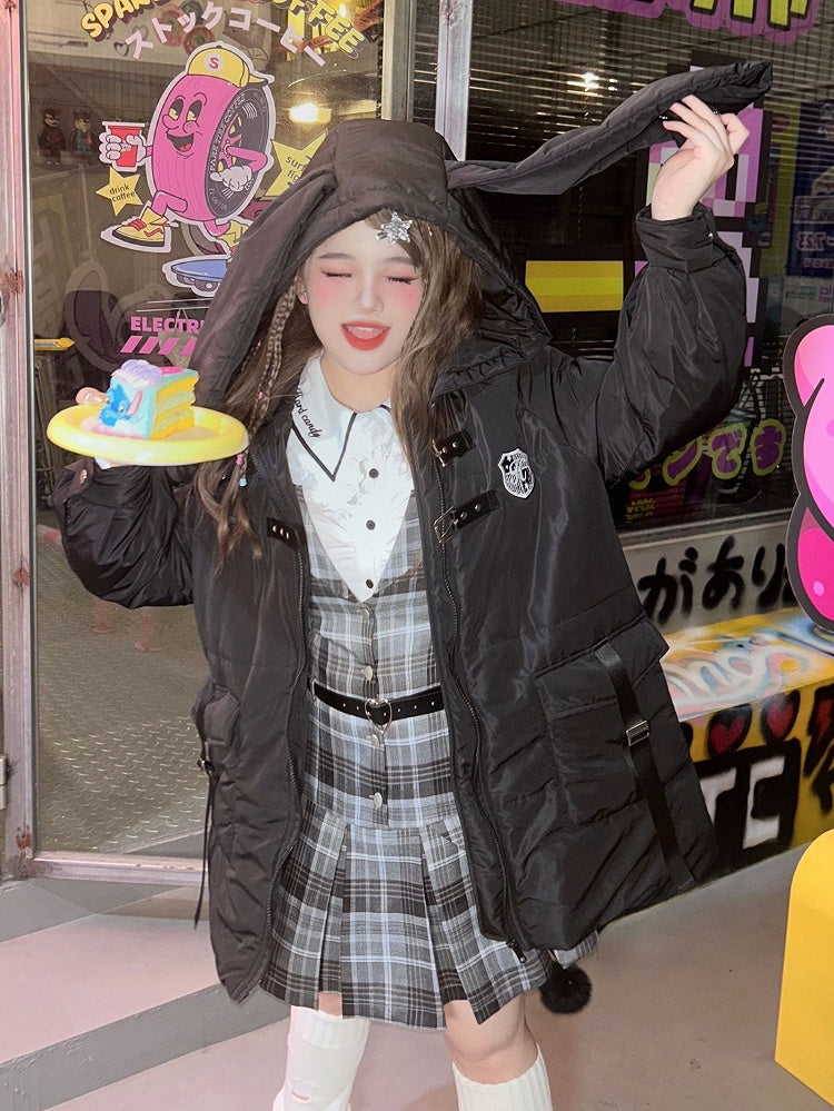 Pufferjacke mit Kapuze und Ohren, Übergröße, Hase, Schwarz