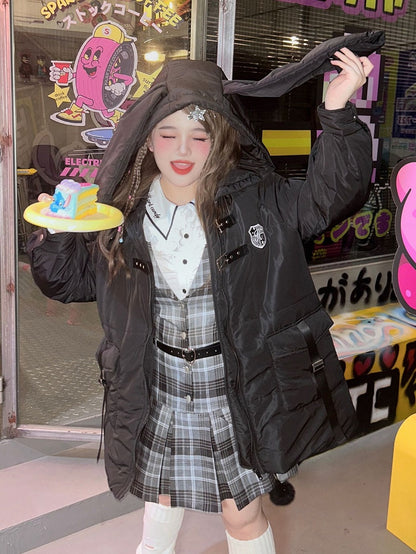 Pufferjacke mit Kapuze und Ohren, Übergröße, Hase, Schwarz