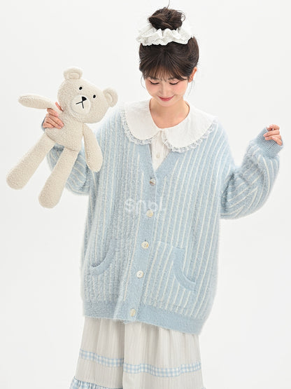 Cute Little Bear Plushie Adorned  Blue Striped Loose Cardigan
