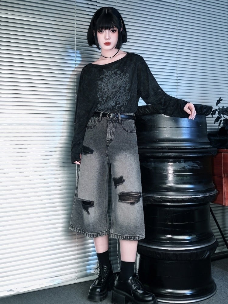 Black Detachable Sleeve UV Tee with Sea Lily Print - Quirky Hut
