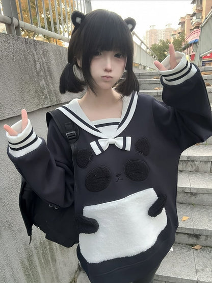 Blue Soft Sailor Adorable Navy Collar with Panda Embroidery Sweatshirt
