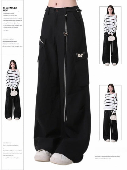 with Butterfly Black Techwear Chain Pants Cargo Accent