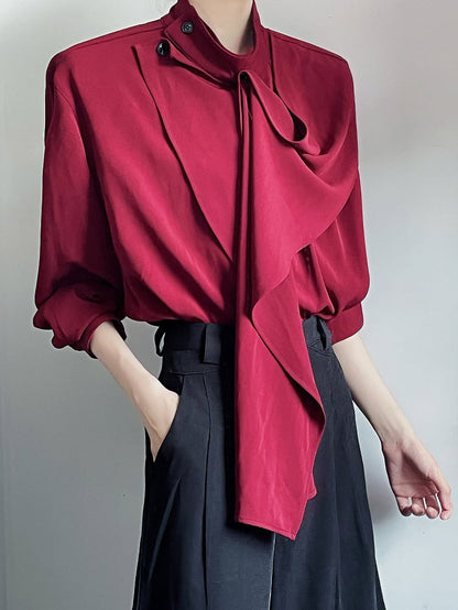 with Red Brooch Shirt and Design Golden Ribbon Leaf-shaped Vintage