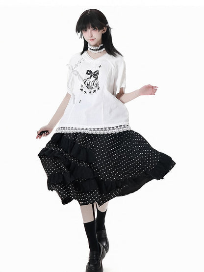 Free Choker T-Shirt White V-Neck Lace-up Detail Blokecore Graphic with