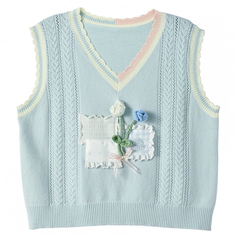 Yume Kawaii Floral Embellished Lace Patches Blue Knitted Vest