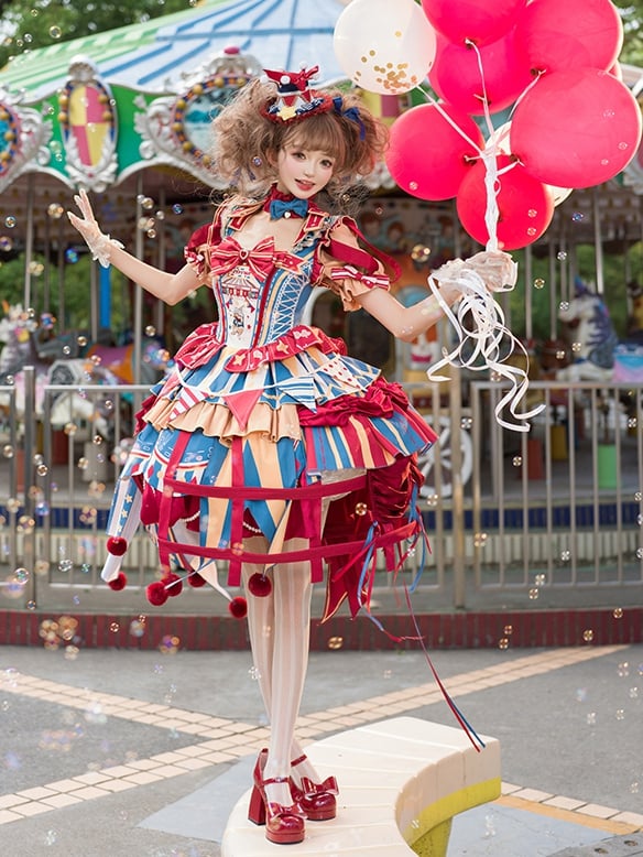 with Skirt Blue Jumper Sweet Dress Bunny Circus Embroidery and Sleeves Detachable Lolita Puff Red