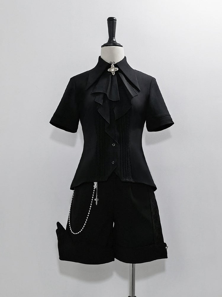 ジャボ ロリータ カラー ブラック フォールドオーバー ショート ファッション スリーブ シャツ 尖った王子