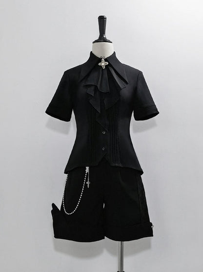 ジャボ ロリータ カラー ブラック フォールドオーバー ショート ファッション スリーブ シャツ 尖った王子
