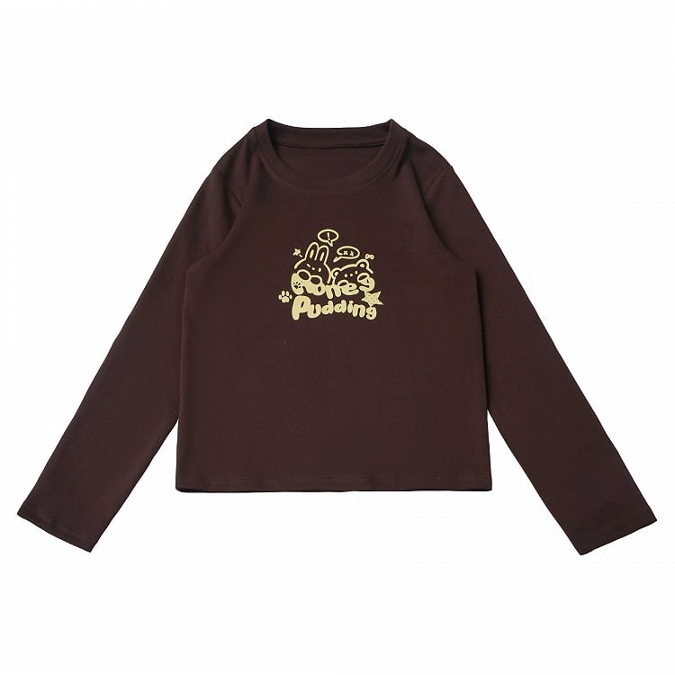 Bunny & Bear Cartoon Print Coffee Long Sleeve Crew Neck Top - PINK SAVIOR