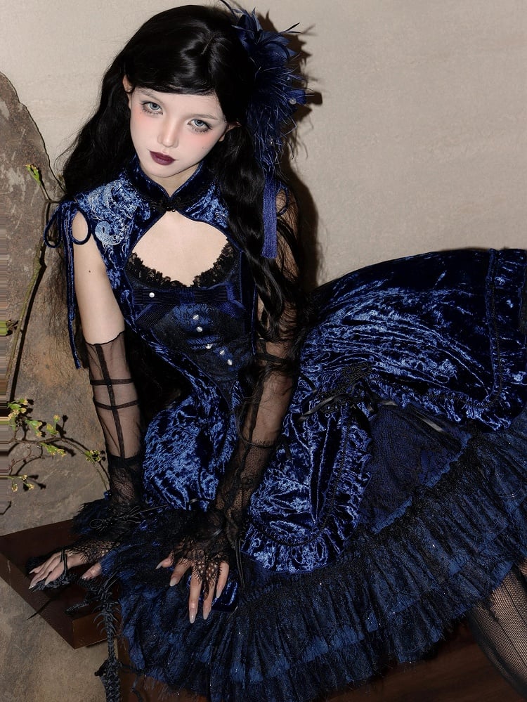 Dunkelblaues ärmelloses Oberteil aus Samt mit Cheongsam-Kragen und Schlangenknochen-Stickerei