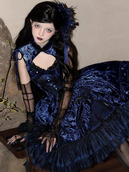 Dunkelblaues ärmelloses Oberteil aus Samt mit Cheongsam-Kragen und Schlangenknochen-Stickerei