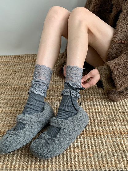 Lace Ruffle Layered Bow Calf Socks