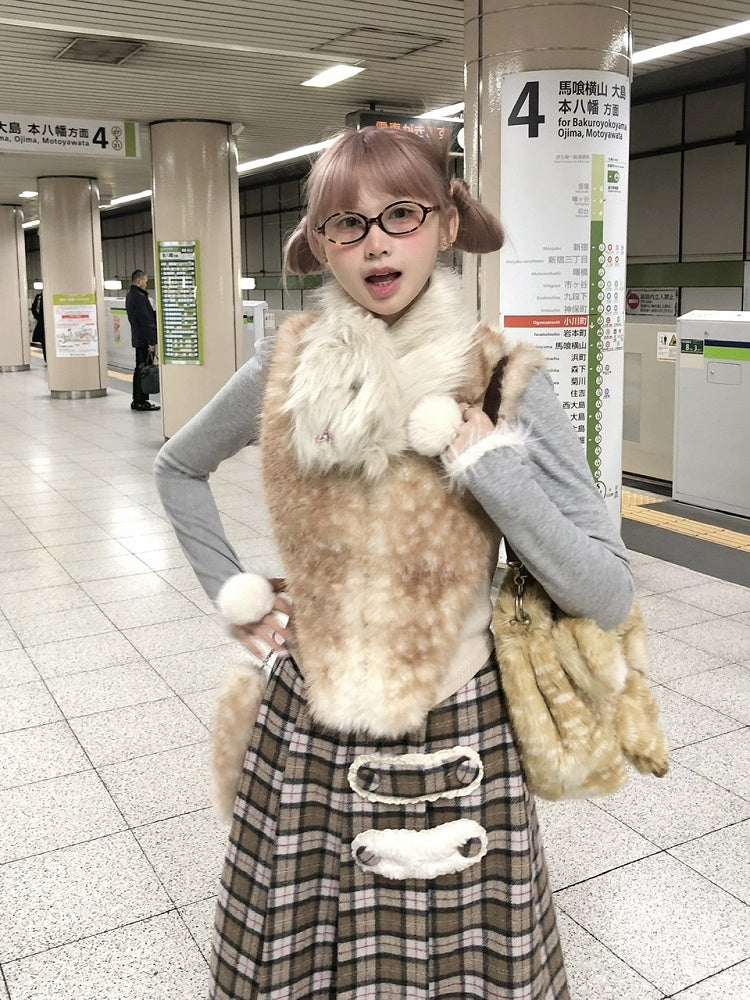 Rhinestone Accent Reversible with Faux White Double Fur Metal Red Cross Scarf