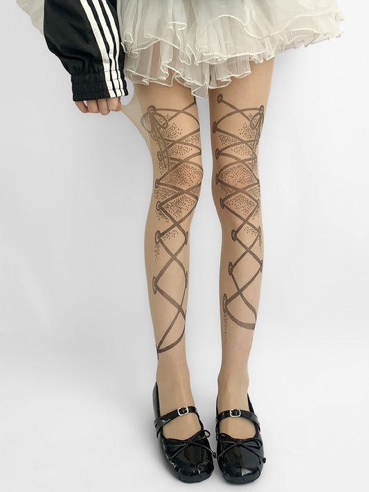 Straps Lace-up Print Nude Tights