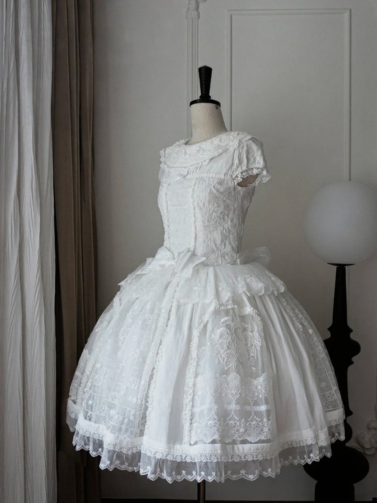 Elegant Ivory Floral Lace Applique Short OP Dress with Sash - Sleepless Unanswered