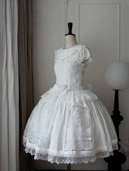 Elegant Ivory Floral Lace Applique Short OP Dress with Sash - Sleepless Unanswered