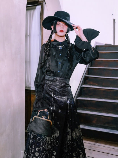 Black Balloon Sleeve Shirt with Ruffle Decoration - Quirky Hut