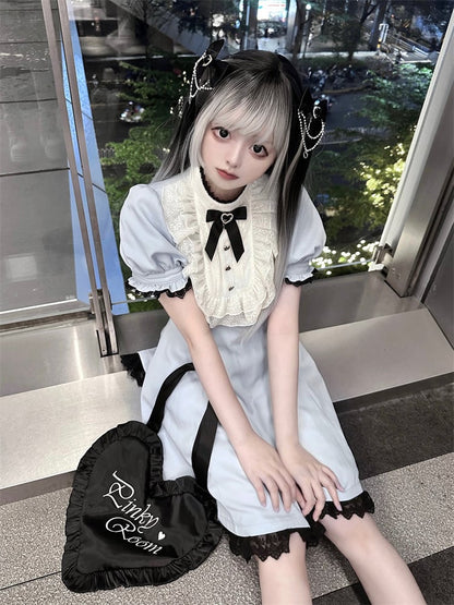 Blue/Black Back Lace Trim Jirai Kei Dress with Bow Big