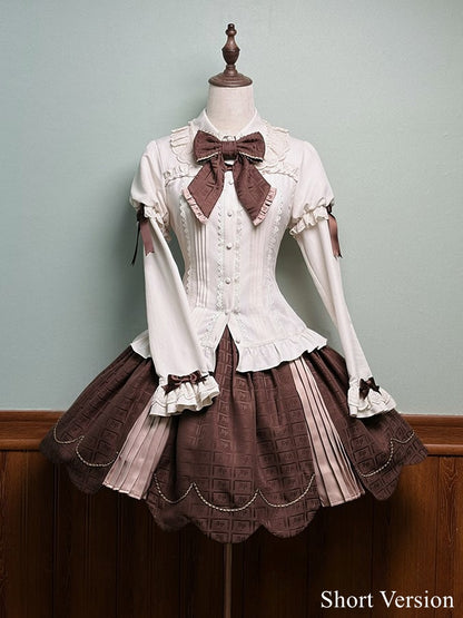 Skirt Sweet Scalloped Chocolate Lolita Brown Pleating Details with Edge Trim