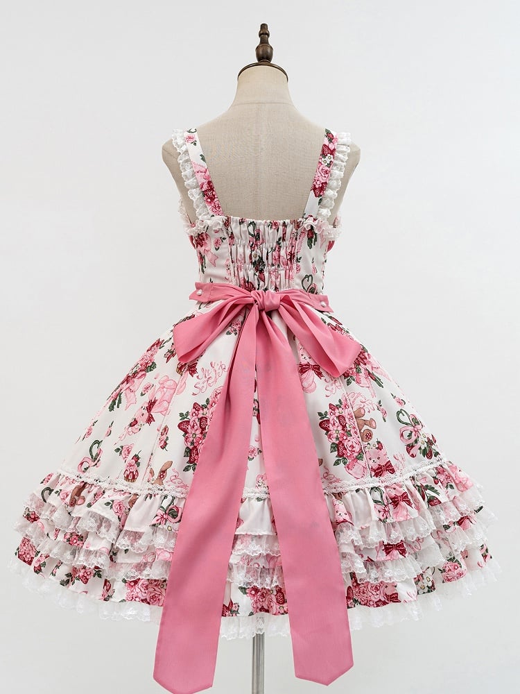 Sweet Teddy White Bear Pink Trim Print Accents Lolita Dress Bow Floral with Lace and