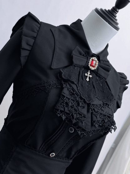 Jabot Bow Blood-Red Gothic Charm Cross Black Tie Rhinestone with Ornate